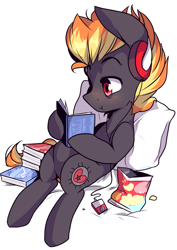 Size: 2893x4092 | Tagged: safe, artist:cookietasticx3, oc, oc only, earth pony, pony, book, earth pony oc, headphones, high res, pillow, reading, simple background, sitting, solo, white background