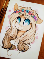 Size: 1200x1600 | Tagged: safe, artist:cookietasticx3, oc, oc only, oc:winter star, pegasus, pony, bust, eyelashes, female, floral head wreath, flower, mare, pegasus oc, smiling, solo, traditional art