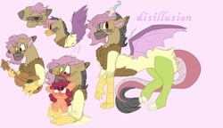 Size: 938x540 | Tagged: safe, artist:cocolove2176, oc, oc only, oc:disillusion, draconequus, earth pony, hybrid, pony, bust, draconequus oc, earth pony oc, eyes closed, female, guitar, heterochromia, holding a pony, interspecies offspring, male, musical instrument, offspring, parent:applejack, parent:discord, parent:fluttershy, parents:discoshy, pink background, reference sheet, simple background, sleeping
