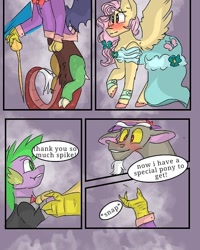 Size: 540x676 | Tagged: safe, artist:cocolove2176, discord, fluttershy, spike, draconequus, dragon, pegasus, pony, comic:fluttering chaos, g4, abstract background, blushing, bust, chest fluff, clothes, colored hooves, dialogue, dress, female, gala dress, hat, male, mare, offscreen character, suit
