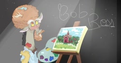 Size: 1080x565 | Tagged: safe, artist:cocolove2176, discord, draconequus, g4, what about discord?, afro, barn, blushing, bob ross, bust, canvas, clothes, male, paintbrush, painting, palette, scene interpretation