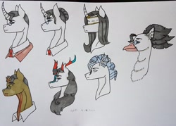 Size: 3819x2731 | Tagged: safe, artist:agdapl, classical hippogriff, griffon, hippogriff, kirin, pony, undead, unicorn, zombie, zombie pony, blindfold, broken horn, bust, clothes, crossover, female, glasses, griffonized, high res, hippogriffied, horn, kirin-ified, male, mare, necktie, ponified, rule 63, signature, species swap, stallion, team fortress 2, traditional art