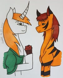 Size: 2467x3052 | Tagged: safe, artist:agdapl, oc, oc only, earth pony, pony, unicorn, clothes, cupcake, duo, earth pony oc, food, high res, hoof hold, horn, male, raised hoof, signature, traditional art, unicorn oc
