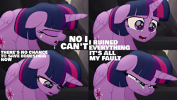 Size: 1280x720 | Tagged: safe, edit, edited screencap, editor:quoterific, screencap, twilight sparkle, alicorn, pony, g4, my little pony: the movie, crying, crylight sparkle, female, mare, no i can't i ruined everything, open mouth, sad, solo, twilight sparkle (alicorn)
