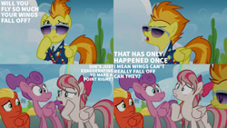 Size: 1280x720 | Tagged: safe, edit, edited screencap, editor:quoterific, screencap, angel wings, loosey-goosey, short fuse, spitfire, pegasus, pony, g4, top bolt, female, male, mare, open mouth, stallion, sunglasses