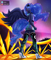 Size: 1000x1180 | Tagged: safe, artist:tiakaneko, princess luna, alicorn, anthro, g4, clothes, commission, crown, digital art, dress, female, high heels, horn, implied tail hole, jewelry, looking at you, looking back, looking back at you, rear view, regalia, shoes, solo, spread wings, stockings, tail, thigh highs, wing hole, wings
