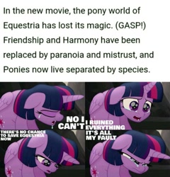 Size: 785x818 | Tagged: safe, edit, edited screencap, editor:quoterific, screencap, twilight sparkle, alicorn, pony, g4, g5, my little pony: the movie, spoiler:g5, caption, crying, crylight sparkle, female, g5 collapse of equestria, mare, meme, no i can't i ruined everything, op can't let go, open mouth, sad, solo, text, twilight sparkle (alicorn)