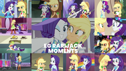 Size: 1280x721 | Tagged: safe, edit, edited screencap, editor:quoterific, screencap, applejack, rarity, camping must-haves, dance magic, equestria girls, equestria girls series, friendship games, g4, happily ever after party, legend of everfree, lost and found, my little pony equestria girls, rainbow rocks, rollercoaster of friendship, shake your tail, super squad goals, spoiler:eqg series (season 2), spoiler:eqg specials, applejack's hat, bass guitar, belt, blonde hair, blue eyes, blushing, boots, bracelet, clothes, cowboy boots, cowboy hat, cowgirl, crossed arms, cute, cutie mark, cutie mark on clothes, denim skirt, dress, duo, duo female, eyes closed, fashionista, female, freckles, geode of shielding, geode of super strength, girly girl, green eyes, guitar, hairpin, happy, hat, helmet, high heels, indoors, jackabetes, jewelry, kneeling, lesbian, light skin, magical geodes, musical instrument, necklace, one eye closed, open mouth, orange skin, outdoors, ponied up, purple hair, raised leg, raribetes, rarity peplum dress, selfie soot, ship:rarijack, shipping, shirt, shoes, shorts, skirt, smiling, t-shirt, wink