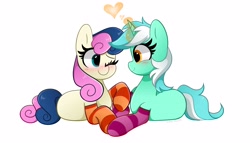 Size: 4096x2345 | Tagged: safe, artist:kittyrosie, bon bon, lyra heartstrings, sweetie drops, earth pony, pony, unicorn, g4, adorabon, blushing, clothes, cute, duo, duo female, female, glowing, glowing horn, heart, high res, horn, implied lesbian flag, lesbian, lyrabetes, mare, one eye closed, ship:lyrabon, shipping, simple background, socks, striped socks, white background, wink
