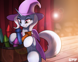 Size: 2500x2000 | Tagged: safe, artist:gasmaskfox, trixie, pony, unicorn, g4, cape, clothes, digital art, female, fireworks, hat, high res, mare, smiling, solo, stage, trixie's cape, trixie's hat