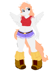 Size: 1400x1900 | Tagged: safe, alternate version, artist:zcomic, oc, oc only, oc:strobe light, oc:strobe-light, oc:strobelight, pegasus, anthro, belly button, boots, breasts, clothes, commission, digital art, female, midriff, niclove, pigeon toed, shirt, shoes, short shirt, shorts, simple background, solo, spread wings, tail, thighs, white background, wide hips, wings