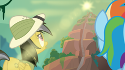 Size: 5926x3333 | Tagged: safe, artist:php178, daring do, rainbow dash, pegasus, pony, daring doubt, g4, .svg available, 2021, butt, concerned, female, glare, hat, lens flare, looking up, low angle, mare, mountain, plot, rear view, scenery, sky, stairs, sunrise, svg, temple, vector