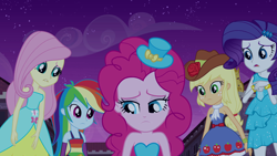 Size: 1920x1080 | Tagged: safe, screencap, applejack, fluttershy, pinkie pie, rainbow dash, rarity, equestria girls, g4, my little pony equestria girls, bare shoulders, bracelet, canterlot high, clothes, cowboy hat, fall formal outfits, female, frown, hat, humane five, jewelry, lip bite, night, open mouth, sad, sleeveless, strapless, teeth