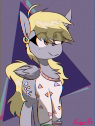 Size: 900x1200 | Tagged: safe, artist:provolonepone, derpy hooves, pegasus, pony, g4, 80s, chest fluff, clothes, cutie mark, ear piercing, earring, eye clipping through hair, female, jewelry, mare, piercing, solo
