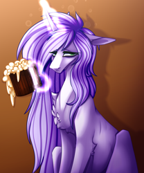 Size: 1664x2000 | Tagged: safe, artist:immagoddampony, oc, oc only, pony, unicorn, alcohol, beer, female, magic, mare, solo