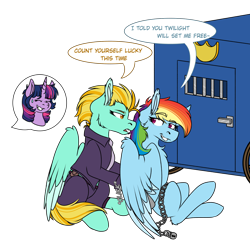 Size: 1572x1564 | Tagged: safe, artist:rokosmith26, lightning dust, rainbow dash, twilight sparkle, alicorn, pegasus, pony, g4, arm behind back, bars, chains, chest fluff, clothes, commission, cuffs, eyebrows, eyebrows visible through hair, female, finished commission, irritated, looking back, mare, officer ld, police officer, police uniform, simple background, sitting, smiling, spread wings, text, transparent background, trio, trio female, twilight sparkle (alicorn), wagon, wagon wheel, wheel, wings