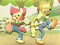 Size: 1600x1200 | Tagged: safe, artist:attacktitan64, apple bloom, applejack, earth pony, anthro, plantigrade anthro, g4, barefoot, burning, clothes, crying, denim, equestria girls outfit, feet, fence, fetish, foot fetish, foot focus, gritted teeth, ground, hand grab, hot, hot day, hotfoot, jeans, open mouth, overalls, pants, soles, steam, story included, tears of pain, teary eyes, toes, tree