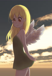 Size: 4381x6319 | Tagged: safe, artist:lemon08151, derpy hooves, equestria girls, g4, absurd resolution, bare shoulders, blushing, clothes, cloud, cute, derpabetes, disney, disney fairies, dress, female, moe, pixiv, sky, solo, spread wings, tinkerbell, wings