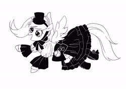 Size: 7016x4961 | Tagged: safe, alternate version, artist:lemon08151, derpy hooves, pegasus, pony, g4, 2017, absurd resolution, black and white, boots, clockwork, clothes, cog, cute, derpabetes, dress, female, flower, grayscale, hat, hoof boots, mare, monochrome, open mouth, pixiv, shoes, simple background, skirt, solo, steampunk, white background