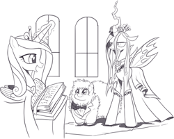 Size: 1470x1175 | Tagged: safe, artist:nauyaco, princess cadance, queen chrysalis, oc, oc:fluffle puff, alicorn, changeling, changeling queen, earth pony, pony, g4, black and white, canon x oc, clothes, cute, dress, female, grayscale, lesbian, marriage, monochrome, queen chrysalis is not amused, ship:chrysipuff, shipping, size difference, unamused, wedding, wedding dress