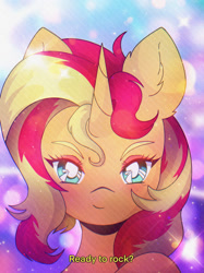 Size: 1280x1708 | Tagged: safe, artist:pierogarts, sunset shimmer, pony, unicorn, g4, 90s anime, bust, female, looking at you, mare, portrait, smiling, smiling at you, smug, smugset shimmer, solo
