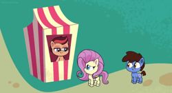Size: 1360x732 | Tagged: safe, screencap, fluttershy, kindling spirit, earth pony, pegasus, pony, communication shakedown, g4.5, my little pony: pony life, spoiler:pony life s02e18, background pony, bedroom eyes, bipedal, booth, crystal empire carnival, cutie mark, female, male, mare, smiling, stallion, teeth, trio, unnamed character, unnamed pony