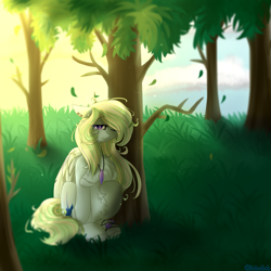 Size: 2449x2449 | Tagged: safe, artist:mediasmile666, oc, oc only, pegasus, pony, cloud, ear piercing, evening, female, floppy ears, grass, high res, jewelry, mare, pendant, piercing, sky, solo, tree