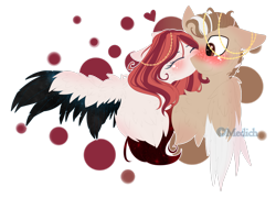 Size: 2887x2077 | Tagged: safe, artist:mediasmile666, oc, oc only, pegasus, pony, abstract background, blushing, bust, duo, eyes closed, female, high res, kissing, male, mare, spread wings, stallion, two toned wings, wings