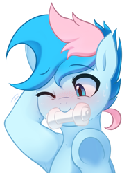 Size: 1411x1865 | Tagged: safe, artist:maren, oc, oc only, oc:blue chewings, earth pony, pony, blushing, chew toy, cute, earth pony oc, mouth hold, ocbetes, one eye closed, simple background, solo, sweat