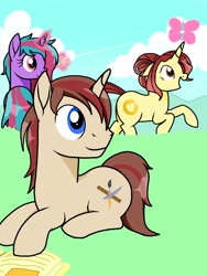 Size: 768x1024 | Tagged: safe, artist:windy breeze, oc, oc only, pony, unicorn, book, cloud, female, happy, kite, looking back, magic, male, mare, running, sitting, sky, stallion, string