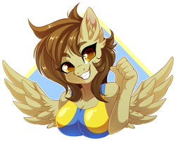 Size: 1051x846 | Tagged: safe, artist:xnightmelody, oc, oc only, oc:static spark, pegasus, anthro, breasts, happy, looking at you, smiling, smiling at you, solo, spread wings, wings