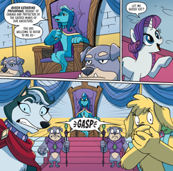 Size: 1832x1812 | Tagged: safe, artist:briannacherrygarcia, idw, fiona floppyears, indiana embereyes, katherina proudpaws, rarity, diamond dog, pony, unicorn, g4, season 10, spoiler:comic, spoiler:comicannual2021, clothes, collar, covering mouth, female, female diamond dog, gasp, guard, male, mare, queen, royalty, scepter, sitting, throne, unamused, unnamed character, unnamed diamond dog, vest