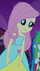 Size: 501x890 | Tagged: safe, screencap, fluttershy, rainbow dash, equestria girls, g4, my little pony equestria girls, bare shoulders, cropped, fall formal outfits, lip bite, sleeveless, strapless