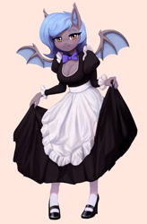 Size: 2624x4000 | Tagged: safe, artist:mrscroup, oc, oc only, oc:clair de lune, bat pony, anthro, bat pony oc, blushing, breasts, cleavage, clothes, female, high heels, high res, looking at you, maid, reasonably sized breasts, shoes, simple background, smiling, socks, solo, thigh highs