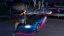 Size: 2560x1440 | Tagged: safe, artist:darky_wings, oc, oc only, oc:darky wings, pegasus, pony, anthro, plantigrade anthro, car, city, clothes, female, lights, neon, night, night city, nissan silvia, tires, underglow