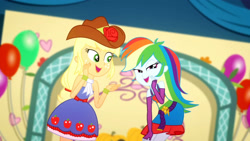 Size: 3410x1920 | Tagged: safe, screencap, applejack, rainbow dash, a photo booth story, equestria girls, g4, my little pony equestria girls: summertime shorts, balloon, bare shoulders, belt, clothes, cowboy hat, cutie mark, cutie mark on clothes, duo, duo female, fall formal outfits, female, fingerless gloves, gloves, hat, high res, open mouth, open smile, sleeveless, smiling, strapless
