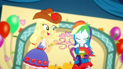 Size: 3410x1920 | Tagged: safe, screencap, applejack, rainbow dash, a photo booth story, equestria girls, g4, my little pony equestria girls: summertime shorts, bare shoulders, belt, clothes, cowboy hat, cutie mark, cutie mark on clothes, duo, duo female, eyes closed, fall formal outfits, female, fingerless gloves, gloves, hat, open mouth, sleeveless, strapless