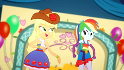Size: 3410x1920 | Tagged: safe, screencap, applejack, rainbow dash, a photo booth story, equestria girls, g4, my little pony equestria girls: summertime shorts, bare shoulders, belt, clothes, cowboy hat, cutie mark, cutie mark on clothes, duo, duo female, fall formal outfits, female, fingerless gloves, gloves, hat, open mouth, sleeveless, smiling, strapless