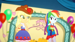 Size: 3410x1920 | Tagged: safe, screencap, applejack, rainbow dash, a photo booth story, eqg summertime shorts, equestria girls, g4, bare shoulders, belt, clothes, cowboy hat, cutie mark, cutie mark on clothes, duo, duo female, fall formal outfits, female, fingerless gloves, gloves, hat, looking at each other, open mouth, sleeveless, smiling, strapless