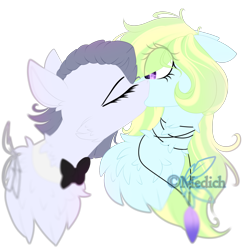 Size: 2256x2316 | Tagged: safe, artist:mediasmile666, oc, oc only, pony, bust, duo, female, floppy ears, high res, jewelry, kissing, mare, pendant, simple background, transparent background
