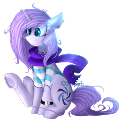Size: 2449x2448 | Tagged: safe, artist:mediasmile666, oc, oc only, pony, unicorn, clothes, ear piercing, female, high res, mare, piercing, scarf, simple background, sitting, solo, transparent background, underhoof, watch, wristwatch