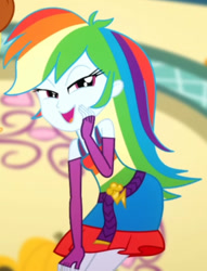 Size: 1110x1456 | Tagged: safe, screencap, applejack, rainbow dash, a photo booth story, equestria girls, g4, my little pony equestria girls: summertime shorts, cropped, faic, fall formal outfits, female, offscreen character, sleeveless, smug, smugdash, solo focus