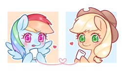Size: 1014x612 | Tagged: safe, artist:草莓三色团, applejack, rainbow dash, earth pony, pegasus, pony, g4, blushing, cowboy hat, cute, female, hat, heart, hoof hold, lesbian, love, paper cup, ship:appledash, shipping, simple background, wings