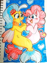 Size: 500x666 | Tagged: safe, artist:raystarkitty, pinkie pie, princess skystar, earth pony, pony, seapony (g4), g4, my little pony: the movie, blue eyes, blushing, bubble, female, fin wings, fins, fish tail, flower, flower in hair, flowing tail, freckles, heart bubbles, jewelry, lesbian, looking at each other, necklace, notebook, open mouth, seaponified, seapony pinkie pie, ship:skypie, shipping, smiling, species swap, tail, traditional art, underwater, water, wings