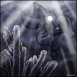 Size: 1200x1200 | Tagged: safe, artist:jane-ander, princess skystar, seapony (g4), g4, my little pony: the movie, coral, crepuscular rays, female, fins, fish tail, flower, flower in hair, glowing, inktober, ocean, smiling, solo, sunlight, swimming, tail, underwater, water, wings