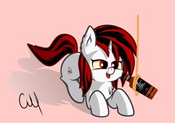 Size: 2560x1817 | Tagged: safe, oc, oc only, oc:blackjack, pony, unicorn, fallout equestria, fallout equestria: project horizons, alcohol, female, horn, mare, pony oc, red eyes, small horn, solo, trap (device), whiskey, wild pegasus