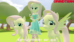 Size: 3840x2160 | Tagged: safe, artist:optimussparkle, fluttershy, human, pegasus, pony, equestria girls, g4, my little pony equestria girls: better together, 3d, female, fluttershy day, geode of fauna, high res, human ponidox, magical geodes, mare, older, older fluttershy, self ponidox, source filmmaker, time paradox, triality