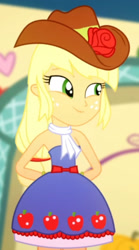 Size: 971x1741 | Tagged: safe, screencap, applejack, a photo booth story, equestria girls, g4, my little pony equestria girls: summertime shorts, bare shoulders, clothes, cropped, cute, dress, fall formal outfits, hands behind back, jackabetes, sleeveless, smiling, solo, strapless