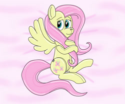 Size: 1280x1068 | Tagged: safe, artist:wolvinof, fluttershy, inflatable pony, pegasus, pony, g4, air nozzle, bed, bedsheets, inflatable, looking at you, lying down, smiling, smiling at you, waiting