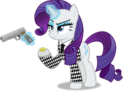 Size: 4945x3699 | Tagged: safe, artist:anime-equestria, rarity, pony, unicorn, g4, absurd resolution, alternate clothes, bits, clothes, coin, eyeshadow, fallout, fallout: new vegas, female, gun, handgun, hi-power, horn, levitation, magic, makeup, mare, necktie, pistol, simple background, smiling, solo, suit, telekinesis, transparent background, vector, weapon